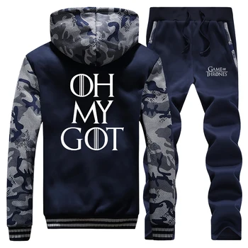 

Game Of Thrones Men Two Piece Set Winter Thick Male Sports Suit Canouflage Sweatpants+Jackets Zipper Mens Casual Street Trousers