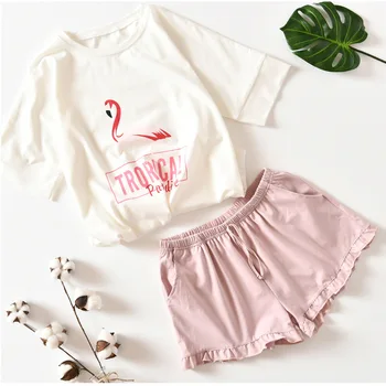

Suit Summer Night Recommended Female Pajamas Home Service Flamingo Short Sleeve + Shorts Home Suit Spot 100% Cotton Pajamas