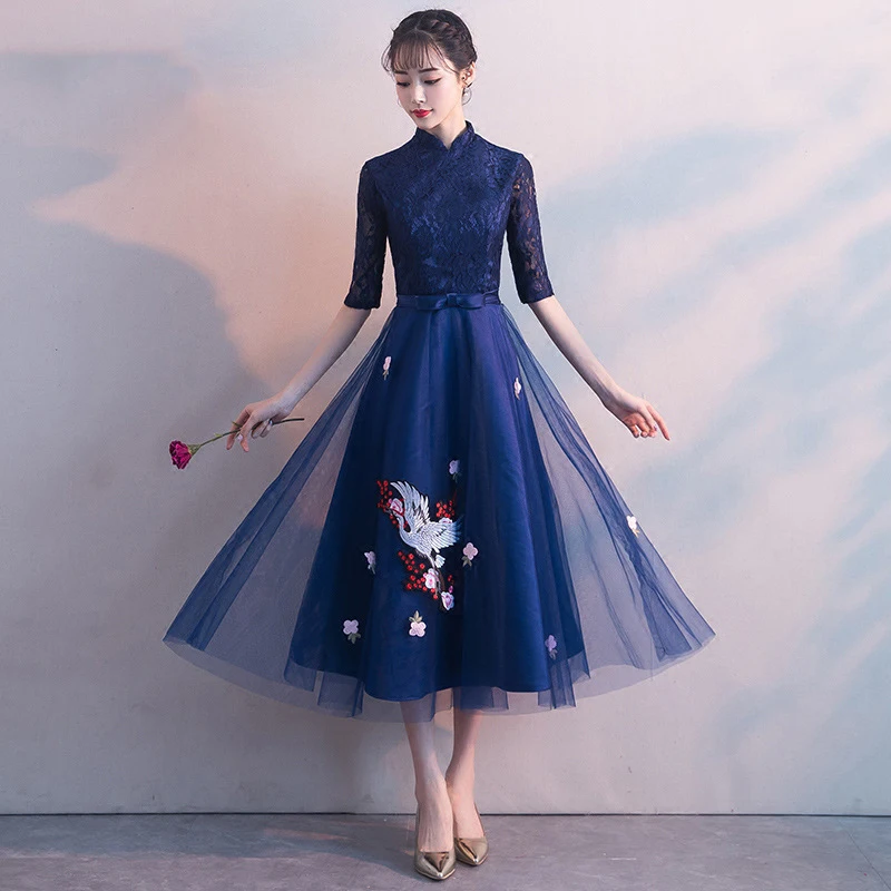 Темно-синие вечерние платья для женщин, кружевное платье Cheongsam в китайском стиле, свадебное платье Qipao, элегантные длинные платья, роскошное платье Vestido XS-XXL