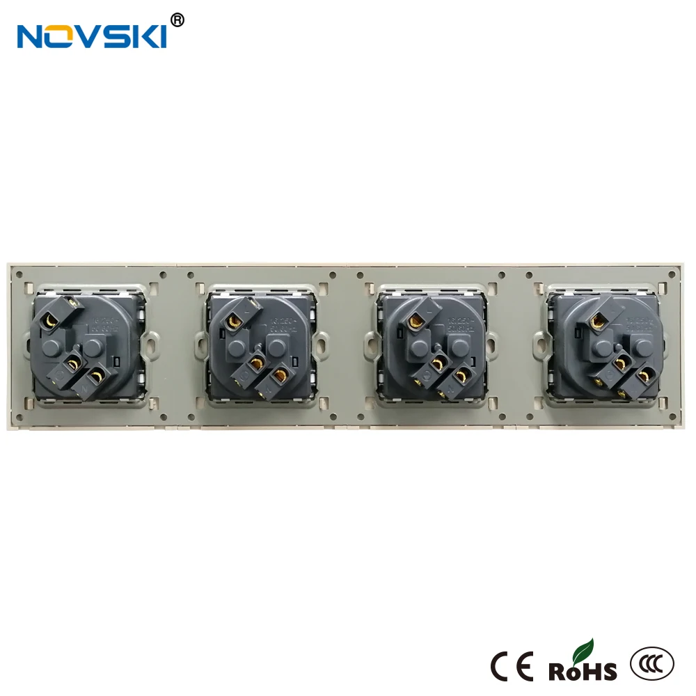 EU German Schuko Wall Crystal Glass Panel Power Socket Triple Plug Grounded, 16A Quadruple Electrical Socket, 15 Years Warranty