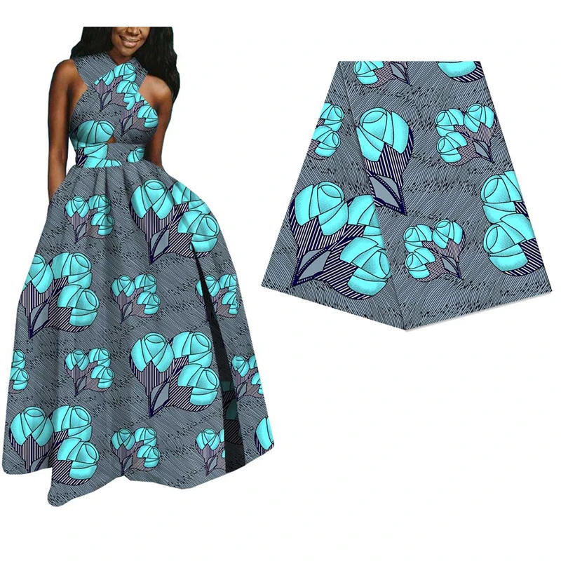 Небесно-голубого цвета с цветочным принтом в африканском стиле с принтом настоящая восковая ткань для вечерние платье 6 ярдов Анкара голландская набивной ситец высшего Качества Шлепанцы из ткани в клетку; Материал