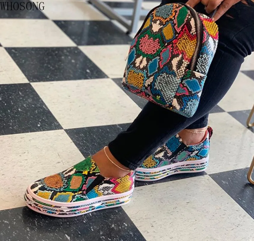 

Women Snake Printing PU Leather flat Vulcanized Shoes Female Sneakers Fashion 2020 New Platform Woman Shoes Walking Footwear f26