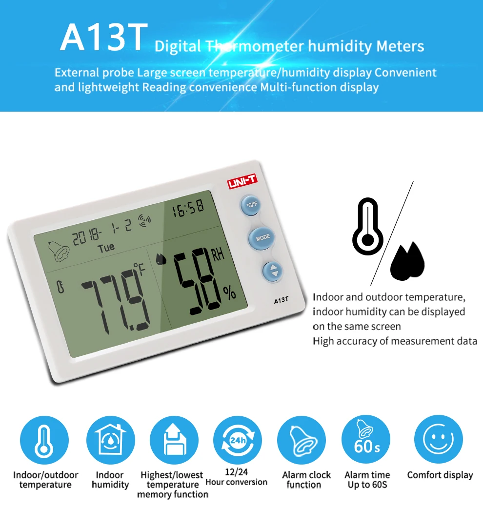 A13T Измеритель температуры и влажности Отображение температуры и влажности Дата/неделя и время Таблица температуры и влажности в помещении