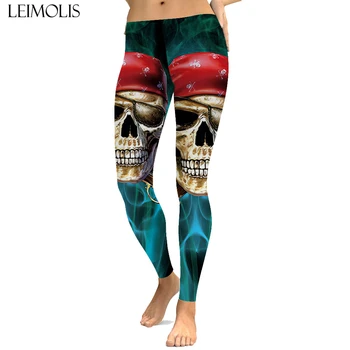 

LEIMOLIS sexy Gothic Pirate skull black print push up leggings plus size women fitness workout punk high waist spandex leggins
