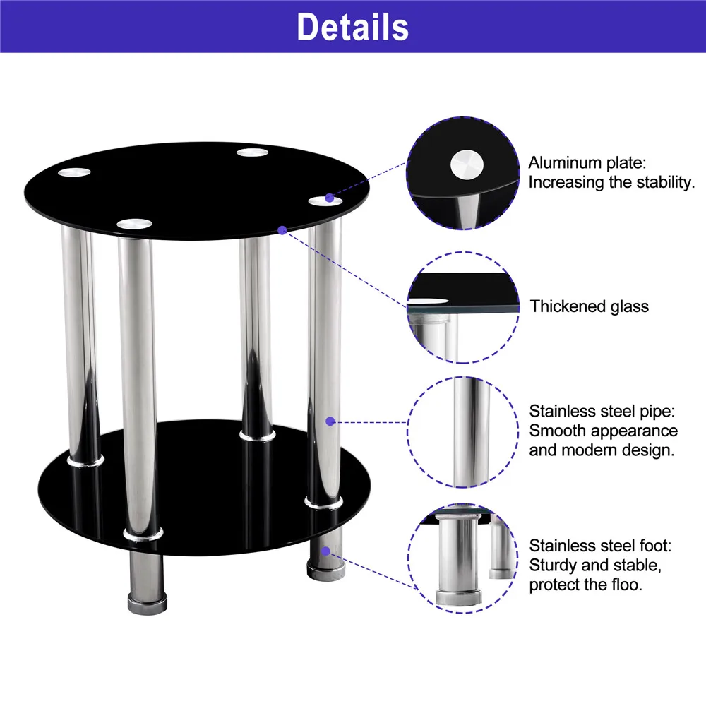 Fashion Black or Clear Glass Round Side Table 2 Tier Coffee Or Lamp Table