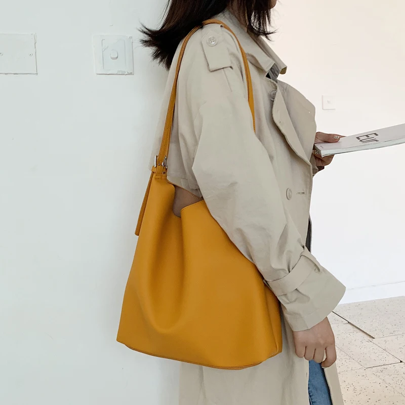 

High Capacity Solid Color Pu Leather Bucket Bags For Women 2019 Quality Luxury Shoulder Bag Lady Simple Style Travel Handbags