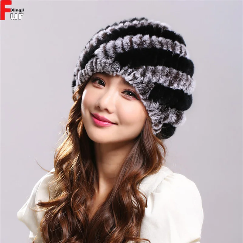 Зимняя теплая шапка женская вязаная шапка из кроличьего меха - Цвет: black grey