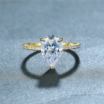

Cute Female White Crystal Stone Ring Minimalist Yellow Gold Wedding Rings For Women Love Bridal Water Drop Engagement Ring
