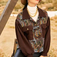 

2022 New Autumn Winter Vintage Jacket Women Splicing Loose Jacket Print Ethnic Style Long Sleeve Shirt Streetwear Female Goth Co