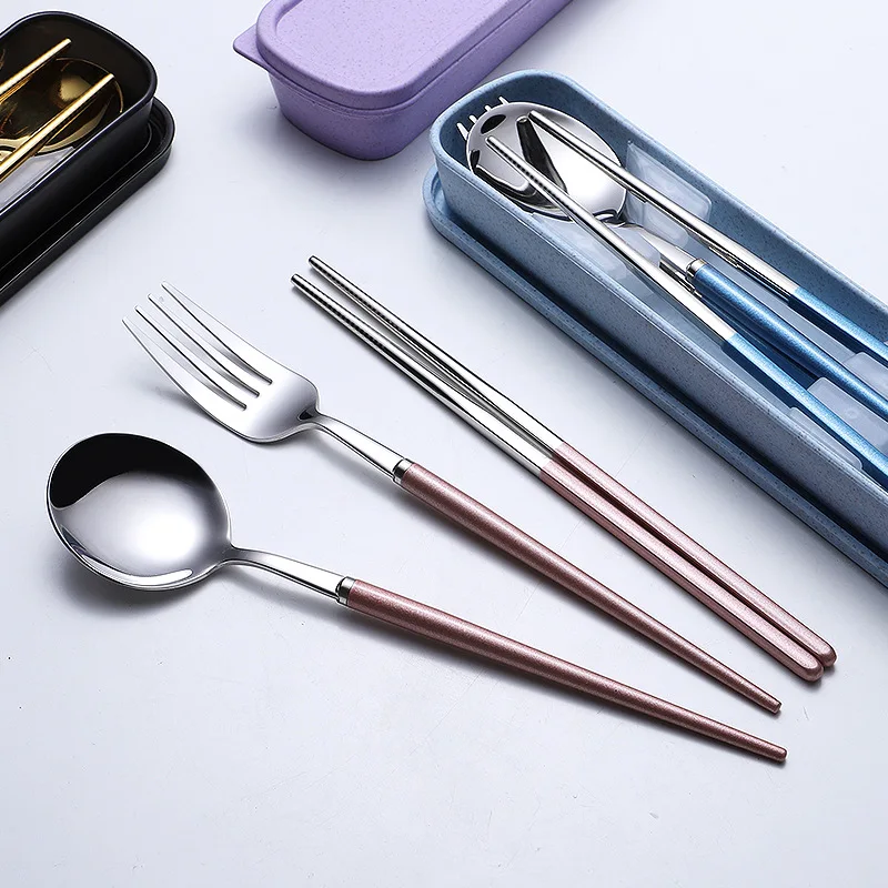 

304 Stainless Steel Hollow Handle Portugal Portable Tableware Colorful Color Plated Mute Travel And Fork Spoon Chopsticks Box Se