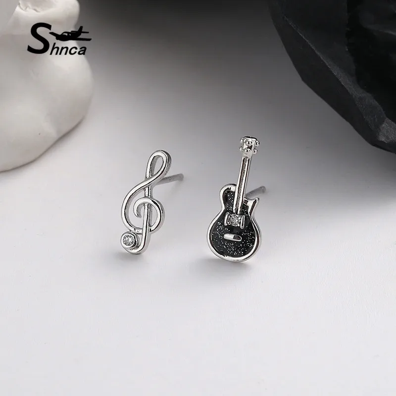 New Fashion 925 Sterling Silver Black Guitar Note Asymmetry Stud Earrings For Women Lady Sterling-Silver-Jewelry Female LE104 | Украшения и
