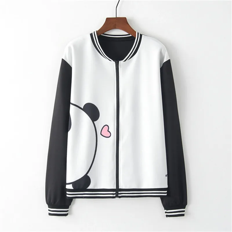 

Artguy Women Fashion Long Sleeve Contrast Striped Panda And Heart Print Baseball Jacket Sweatshirt Hoodie Coat Tops