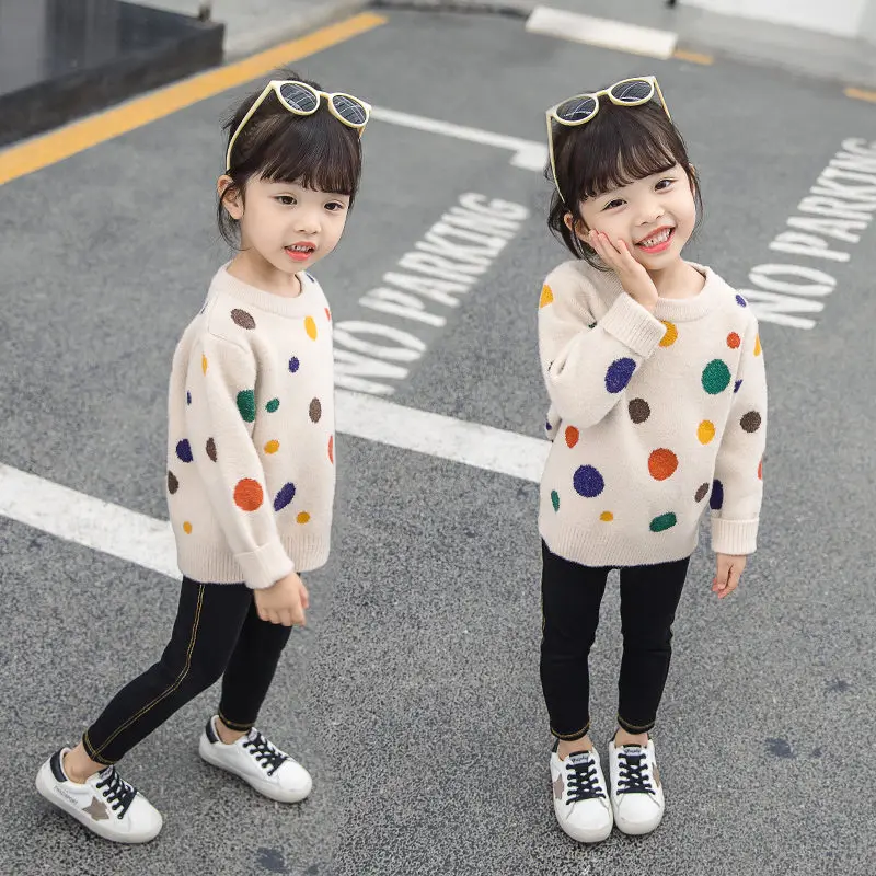 

Girls Warm Winter Dot Sweater Kids 2019 Cute Pullovers Knitwear Casual Toddler Long Sleeve Knitwear Knitted Sweater High Quality