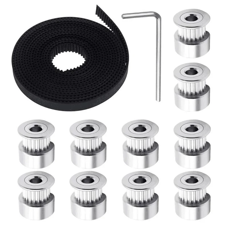 GT2 Timing Belt Pulley+10pcs 5mm 20 Teeth Timing Pulley Wheel timing belt pulley timing pulley belt pulley and GT2 5 Meters Rubber 2mm Pitch 6mm Wide Belt with Allen