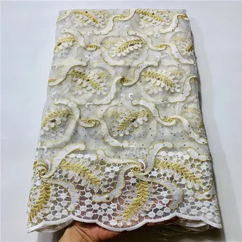 

White Color African French Tulle Lace Fabric with Sequins/Beads High Quality Nigerian Mesh Net Lace Fabric for Sewing
