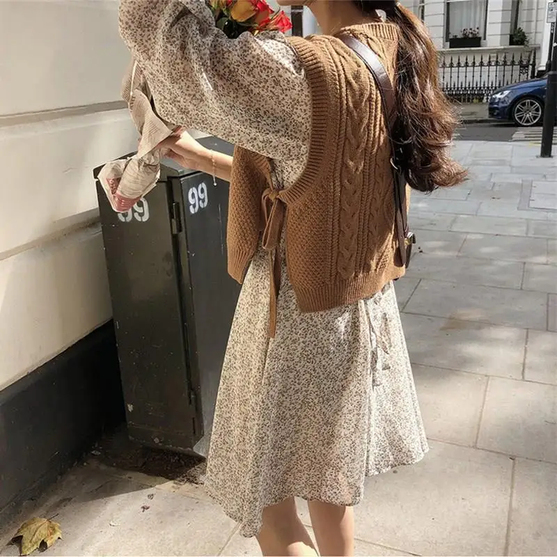 

Fall Winter Knitted Vests Sweaters Solid O Neck Sleeveless Sweaters Knit Sweet Side Lace Up Women Vests
