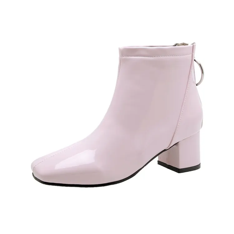 ZawsThia/ г. Зимние женские ботильоны из лакированной искусственной кожи желтого, белого, розового и красного цветов женские Ботинки martin на среднем квадратном каблуке Размеры 33-51 - Цвет: Розовый