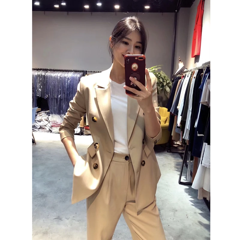 Мода vrouwen pak herfst en зима nieuwe тонкий Темперамент двубортный Клейн jasje rechte broek dames pak