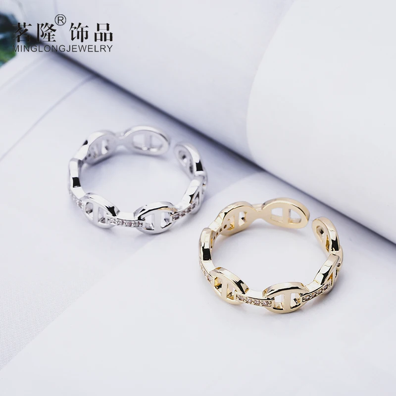 Модное открытое золотое/серебряное кольцо женское циркониевое регулируемое
