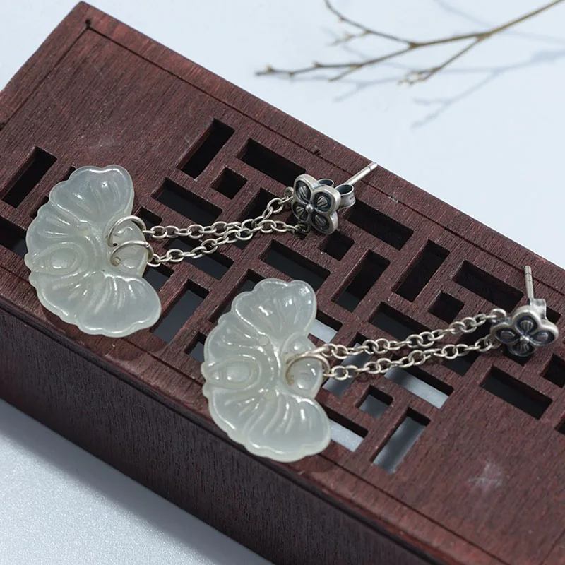 FNJ Hetian Jade серьги из 925 серебра,, Чистое Серебро S925 пробы, висячие серьги с кисточкой для женщин, ювелирное изделие, клевер