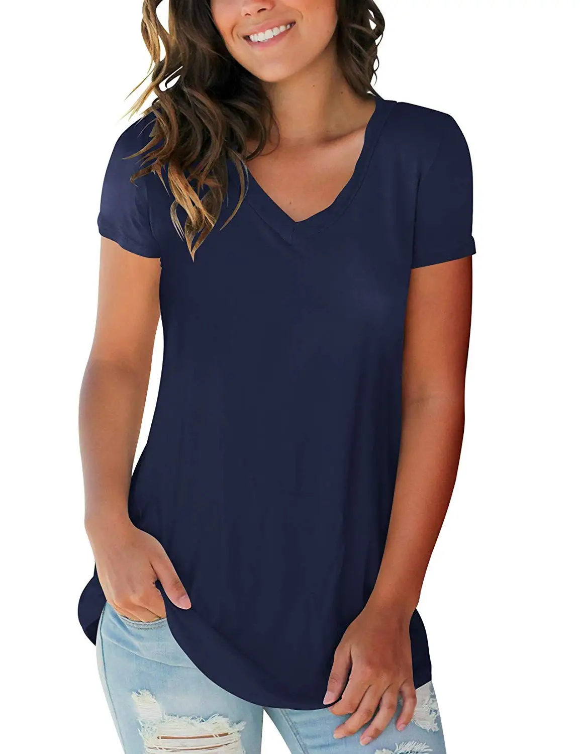 

108USD Women's Tops Short Sleeve V Neck T Shirts Summer Basic Tees with Pocket