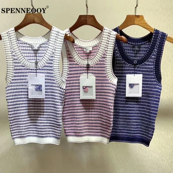

SPENNEOOY Designer Custom Runway Women Spring Knitting Vest Pullovers Femme Classic V-Neck Striped Knit Streetwear Sweater