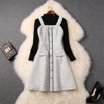 

2019 New Fashion Woman Fall Winter Dress Long Sleeve Pullover Knit Sweater+Beading Tweed Woolen Dress 2piece Set Casual Vestidos