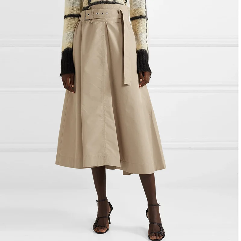 

LANMREM Solid Color High Waist Side Split Stitching Belt Woman Skirt Casual Wild Simple Fashion 2019 Autumn Winter New TV122