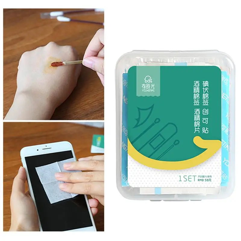 1 Set Cotton Swabs Alcohol Cotton Swab Wipes Band Aid Set Mini Storage Case Portable Outdoor Emergency First Aid Rescue Supply