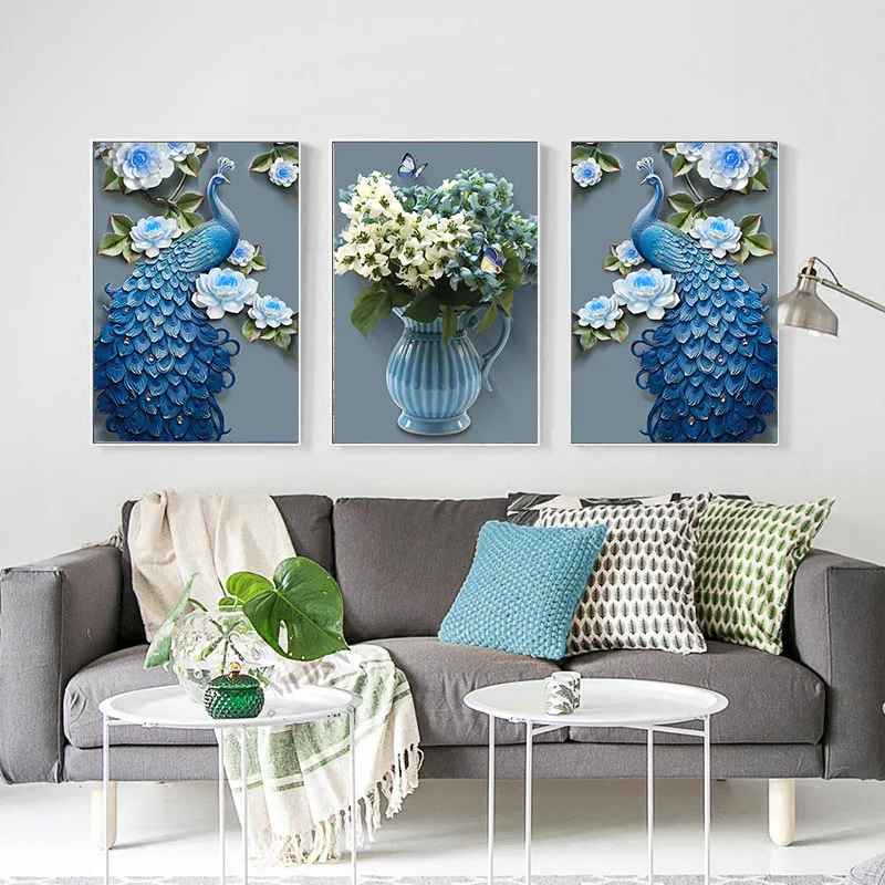 

New Chinese Style 3D Relief Blue Peacock Vase Triple Decorative Painting Material Living Room Restaurant Hanging Painting Image