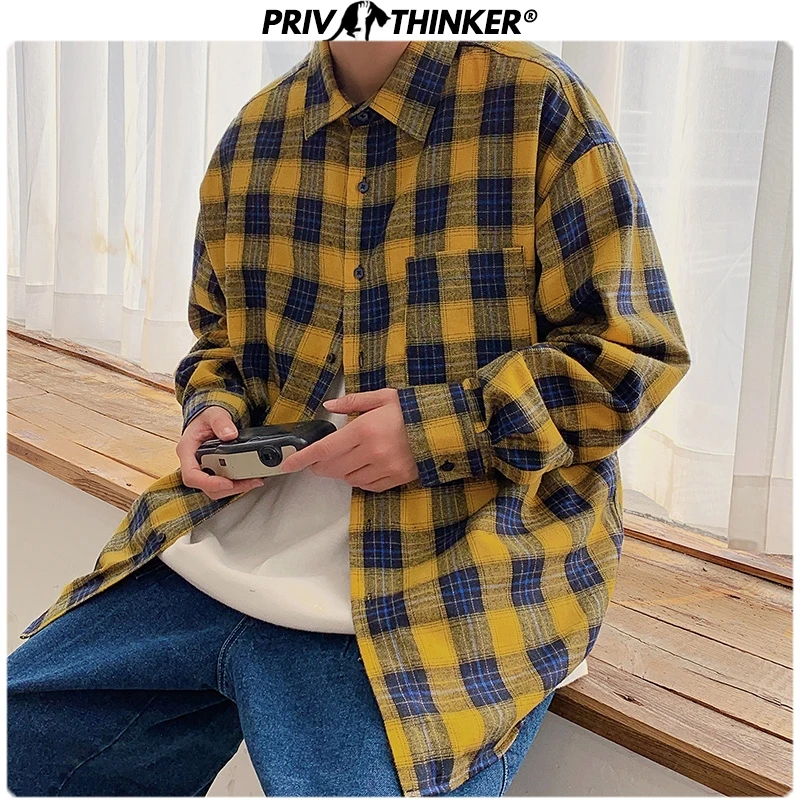 Privathinker Мужская Весенняя клетчатая рубашка Мужская s японский стиль Уличная Повседневная рубашка с длинным рукавом рубашка размера плюс модная одежда