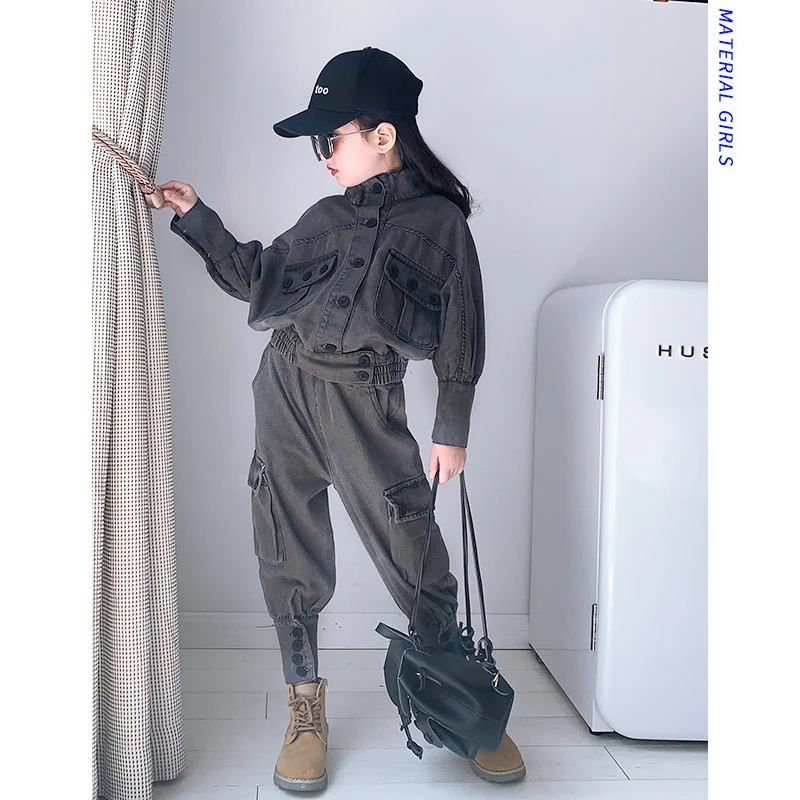 

2019 Boys and Girls Gray Fashion Durable Denim Two-piece Set