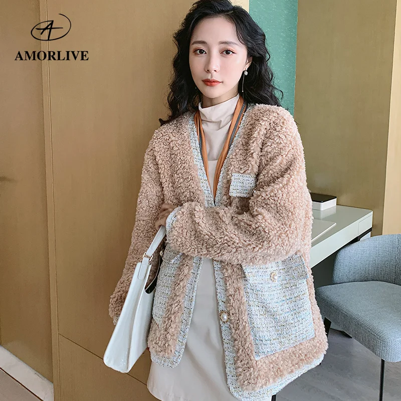 AMOR LIVE Cashmere Elegant Faux Fur Coat For Women Warm Soft Fur Jacket Female Plush Overcoat Pocket Casual Chic Splice пальто