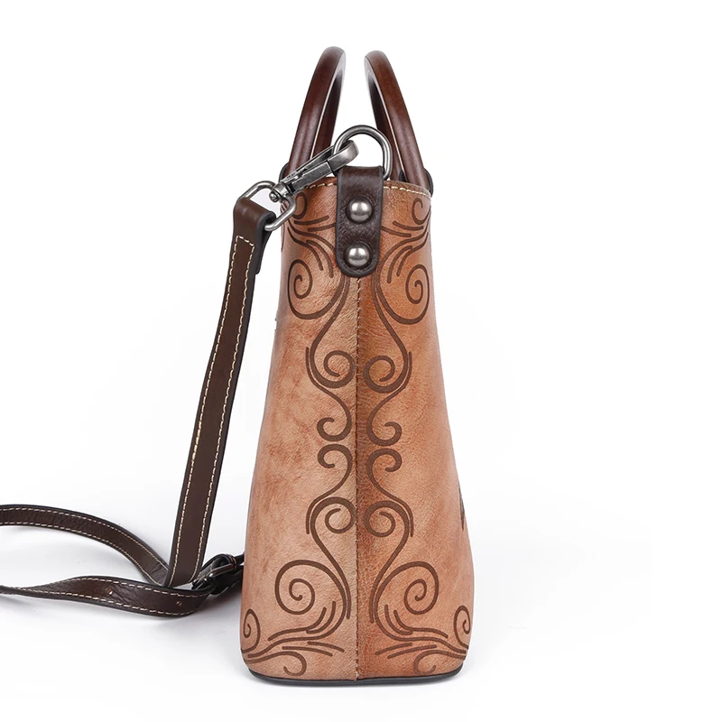 Women Genuine Leather Messenger Crossbody Embossed Bags Multi-Capacity Peony National Style Female Handbag Shoulder Tote Bag