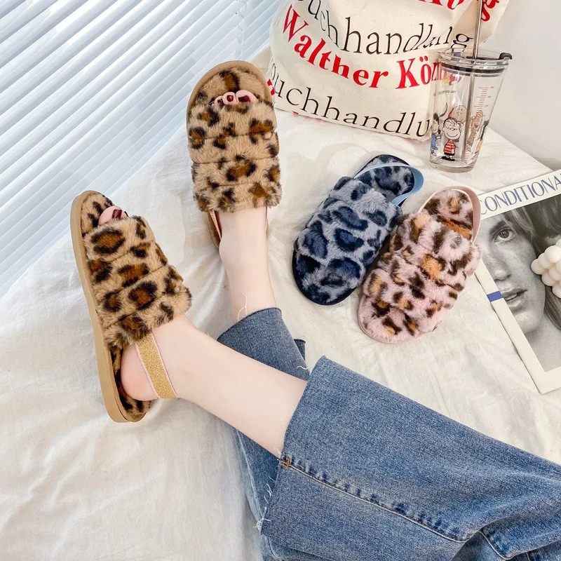 

Fur Flat Female Shoes Woman Sandals Sandale Femme 2020 Platform Sandals Women Shoes Leopard Slippers Woman Short Plush Slides 40