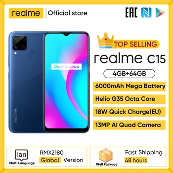 Перейти на Алиэкспресс и купить Realme C15 глобальная версия смартфон 4 Гб Оперативная память 64 Гб Встроенная память 6000 мА/ч, большая Батарея Quick Charge мобильный телефон 6,5 дюймов ...