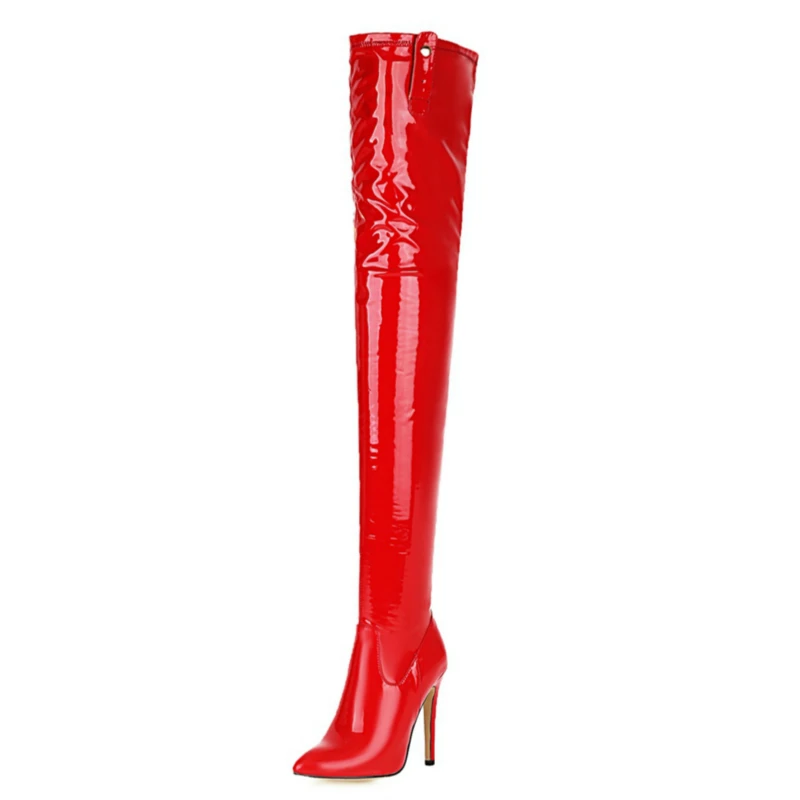 Botas altas hasta el muslo con cinturón de moda para mujer, botas por encima de la rodilla con tacón de charol blanco y rojo, zapatos largos fetiche de talla grande