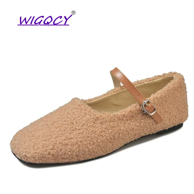 

Wool flat women shoes 2019 Spring Autumn shoes Concise Square Toe Buckle Strap Casual female shoes off white Slip-On flat shoes