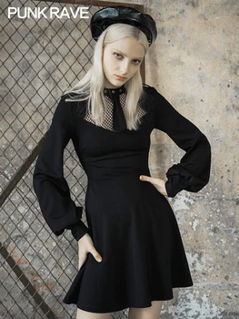 

PUNK RAVE Women Skin Style Dress Female Autumn New 2019 Dark Long Sleeve A Word Skirt Hollow Short Skirt
