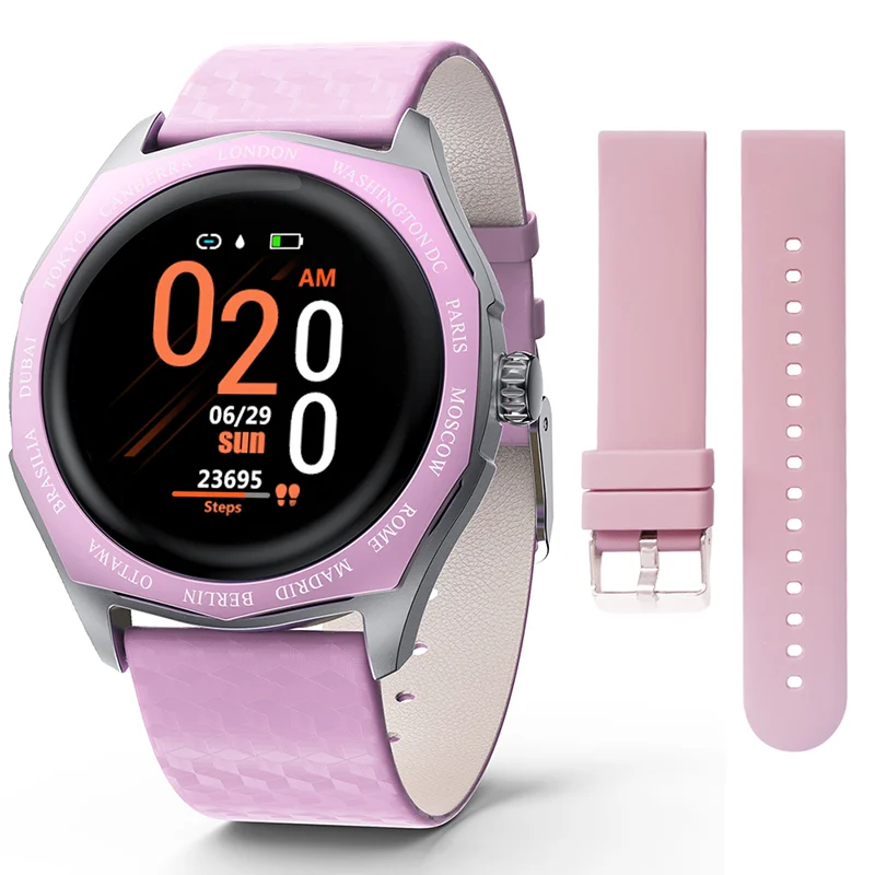 DIGOOR, Смарт-часы для женщин, 1,22 дюймов, Полный Круглый сенсорный экран, с цветным сменным ремешком, для девушек, пульсометр, фитнес-браслет, часы - Цвет: Розовый