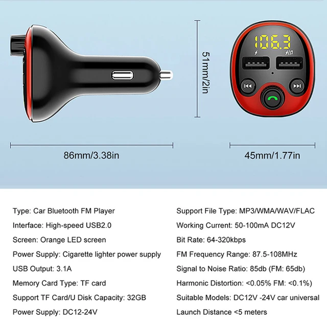 Bluetooth 5.0 Ecran de 1.77 Kit Voiture Mains Libres sans Fil