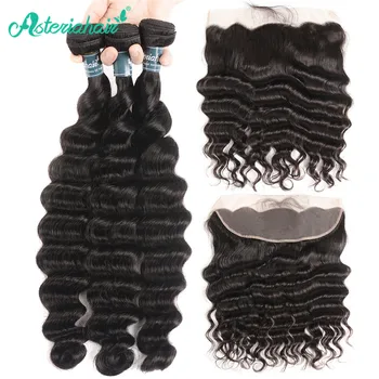 

Asteria Loose Deep Wave Bundles With Lace Frontal Closure 13*4 Pre plucked Brazilian 3 Bundles Human hair Bundles Remy hair