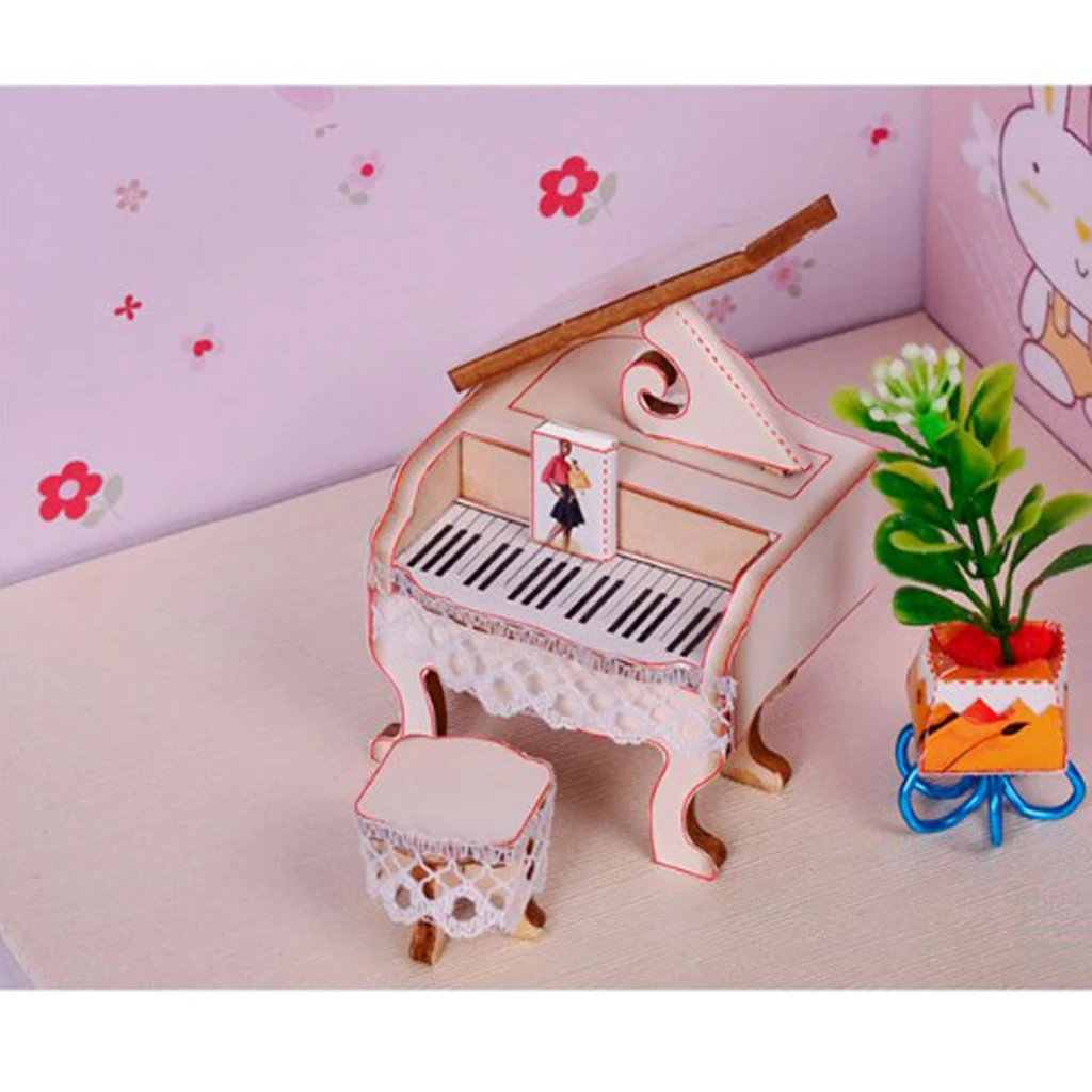 Dollhouse Musical Instruments Model, Piano with Stool Set, 1/24 Scale Dolls House Musical Room Furnishings