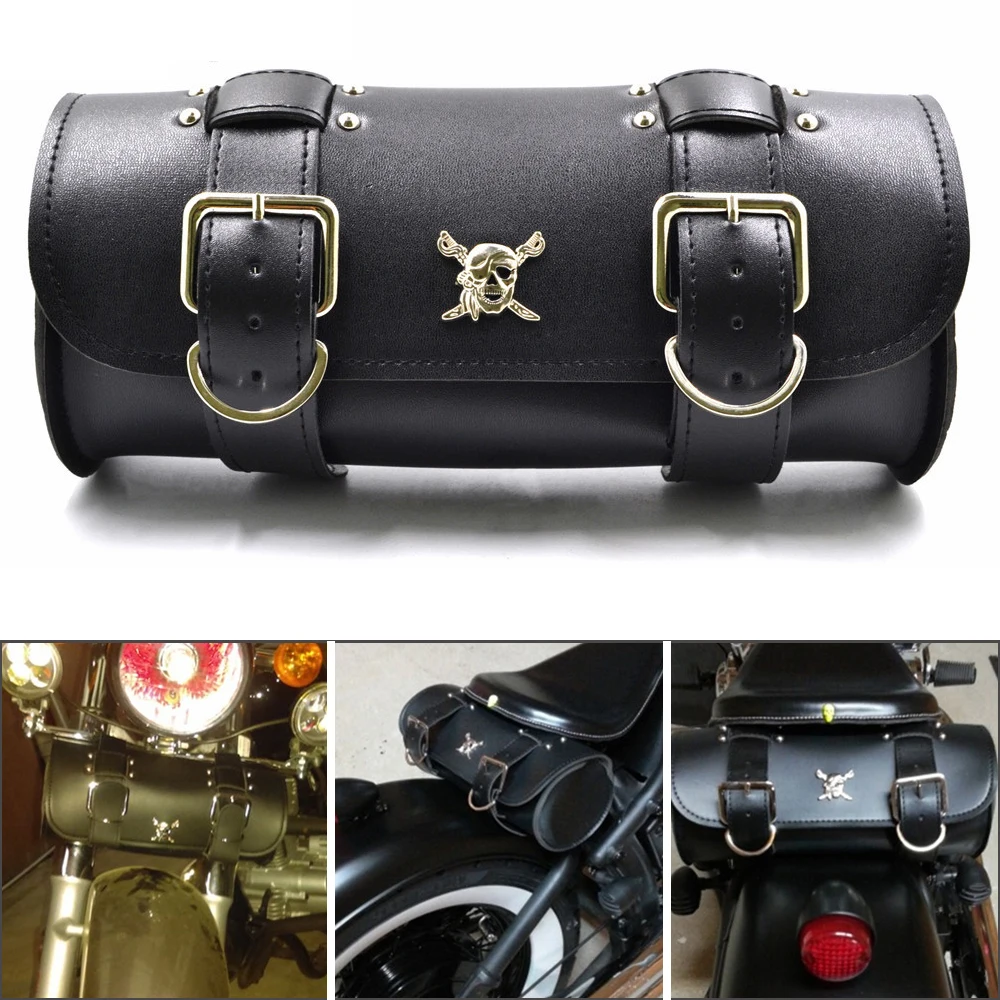 

New Motorcycle Leather PU Front Fork Tool Bag Luggage Saddlebag For Harley Chopper Bobber Cruiser