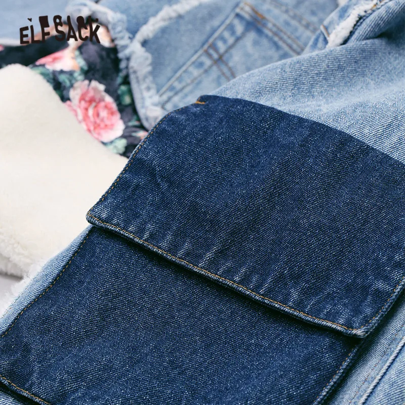 awesome ELFSACK Blue Floral Printed Teddy Lazy Women Denim Coat 2019 Winter New Polar Fleece Straight Casua