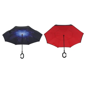 

2 PCS Folding Reverse Umbrella Double Layer Inverted Windproof Rain Car Umbrellas for Women,Starry sky & Red