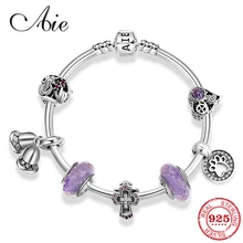 Стерлинговое Серебро 925 пробы c фиолетовыми стеклянными бусинами, смешанные и подходящие браслеты с подвесками, готовое изделие для модного Ювелирное Украшение ручной работы