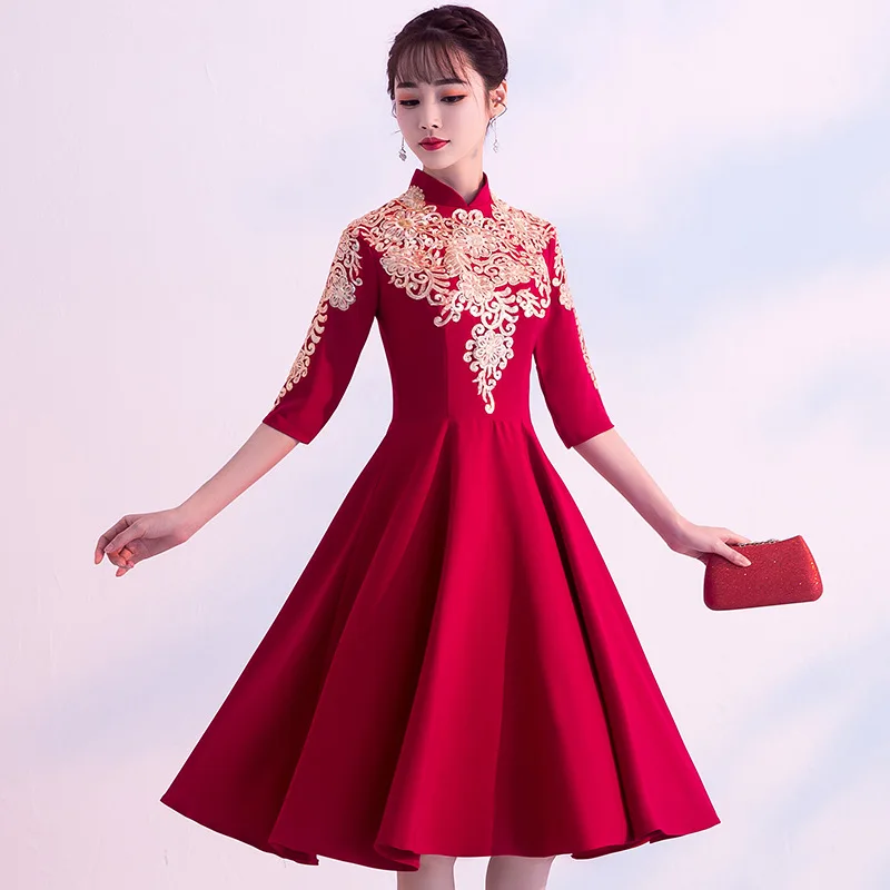 Бургундские вечерние женские платья Cheongsam в китайском стиле, элегантные длинные платья с воротником-стойкой, Vestido XS-XXXL