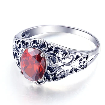 

Woman Jewelry 100% Real 925 Sterling Silver Ring Garnet Creative Unique Vintage Carve Oval Rose Rings For 925 Original Silver