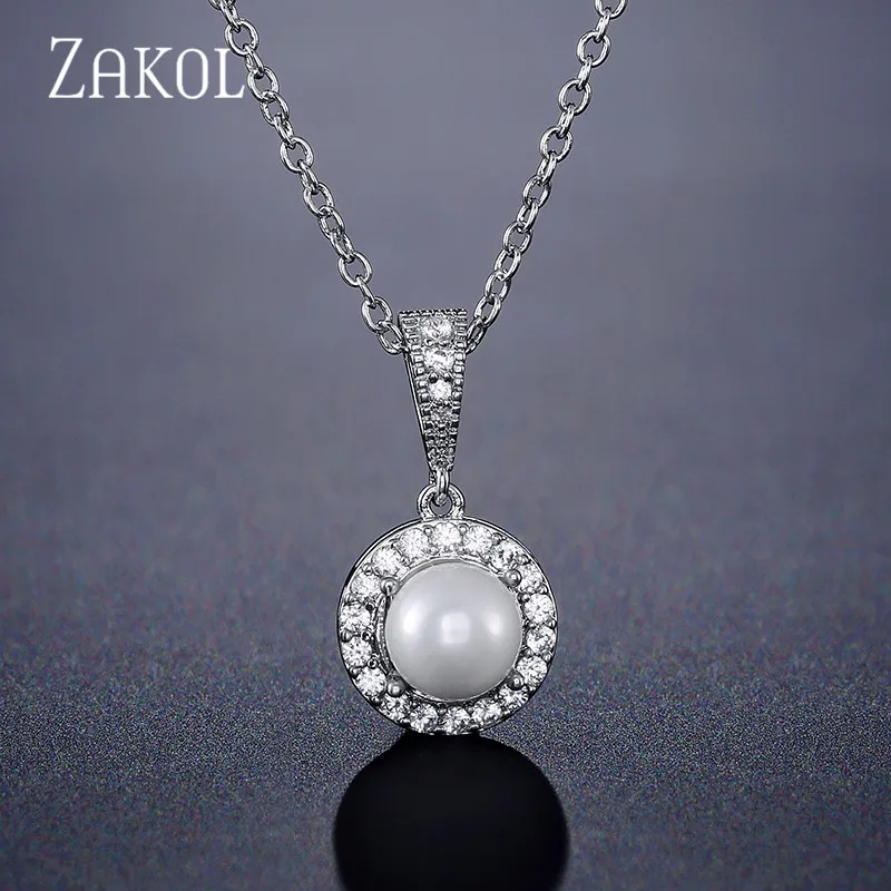 

ZAKOL Cute Round Simulated Pearl & Cubic Zirconia Pendant Necklace for Women Fashion Wedding Jewelry FSNP2093